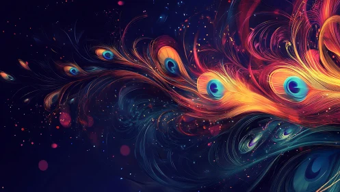 Peacock-inspired light trails in swirling cosmic abstraction.