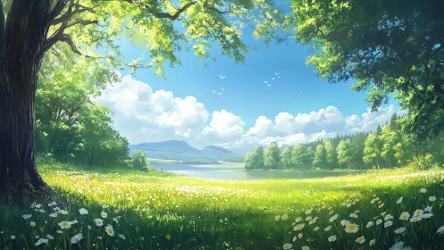 High-luminance lakeside meadow with depth-layered tree canopy