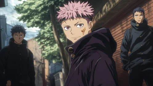 Pink haired anime student with two male figures in alleyway.