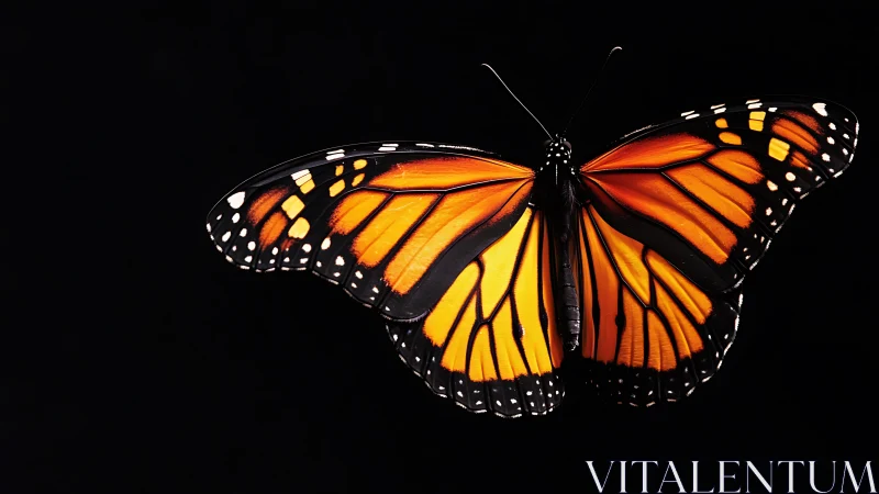 Monarch butterfly wings spread on deep black background.