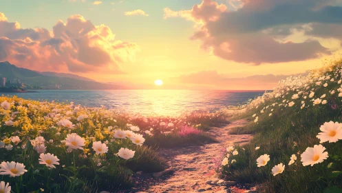 Sunset over coastal flower path with calm reflective sea.