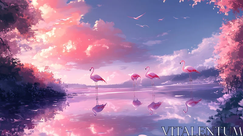 Dreamlike pink flamingos on tranquil reflective lake at dusk.