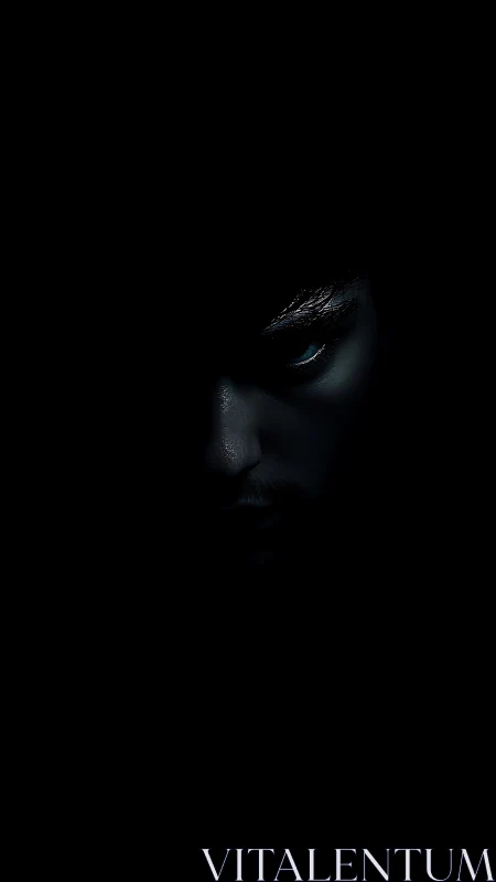 Shadowed male face emerges from deep black darkness
