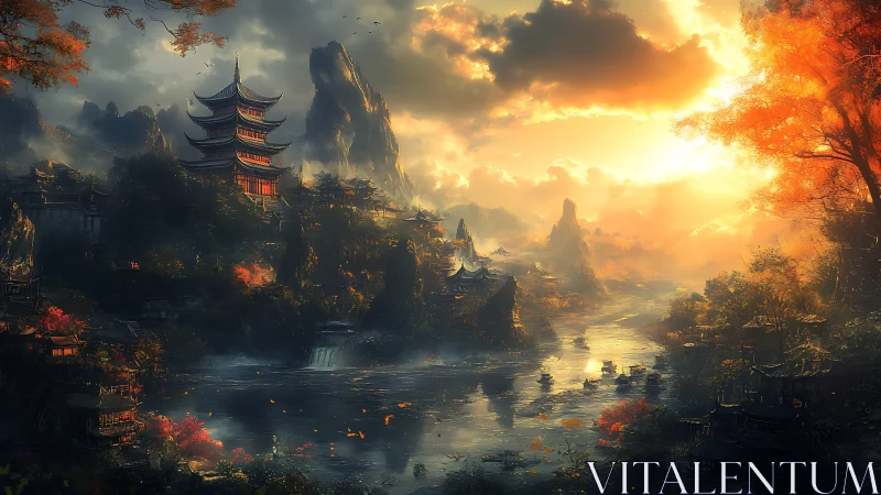 Sunset over river valley with pagodas and misty mountains.