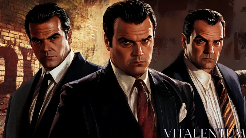 Three intense suited men share a tense, dramatic moment