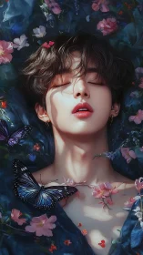 Androgynous dreamer lies in floral bed with luminous butterflies