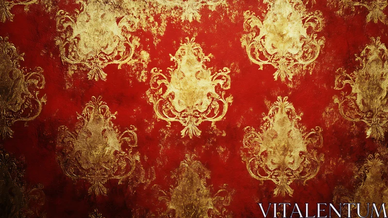 Baroque damask gold ornament pattern on distressed red ground