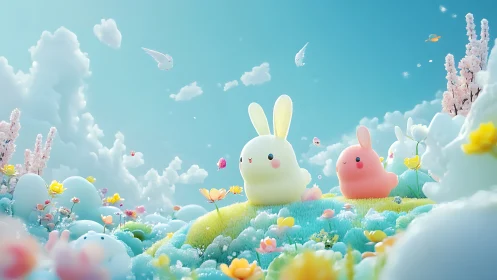 Soft 3D pastel bunnies in a stylized fantasy meadowscape.