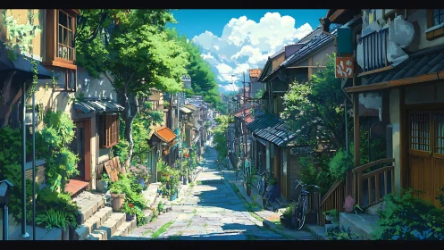 Anime hillside alley with lush greenery and deep perspective.
