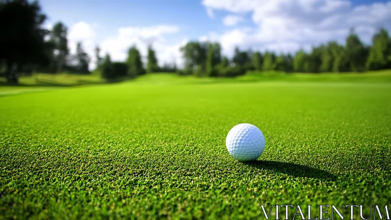 Single golf ball on sunlit green with shallow depth of field
