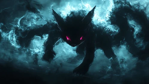 Shadowy feline-shaped entity with glowing eyes in mist.