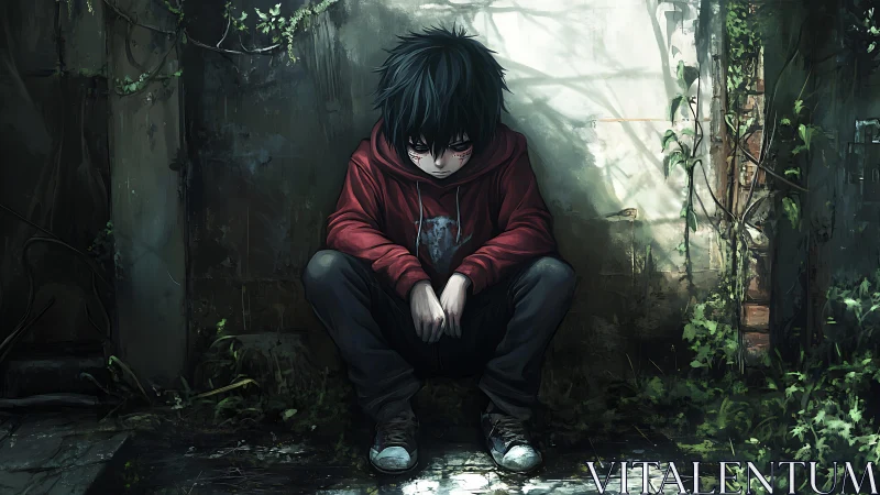 Boy in red hoodie sits alone in overgrown concrete alley
