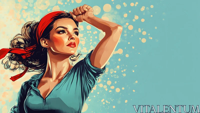 Illustrated woman raises bent arm against abstract background