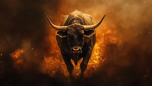 Charging bull amid inferno clouds in dramatic digital art.