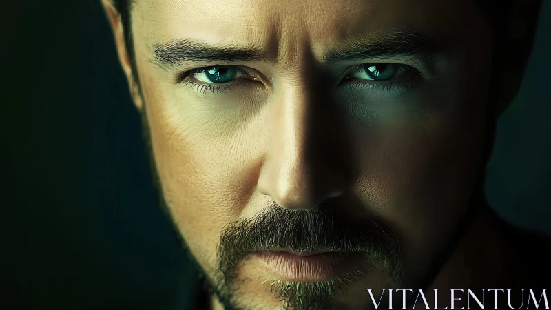 Hyperreal male portrait renders tense gaze with chilled lighting