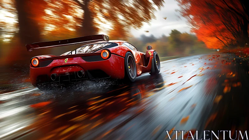 Red sports car racing on wet forest road in autumn
