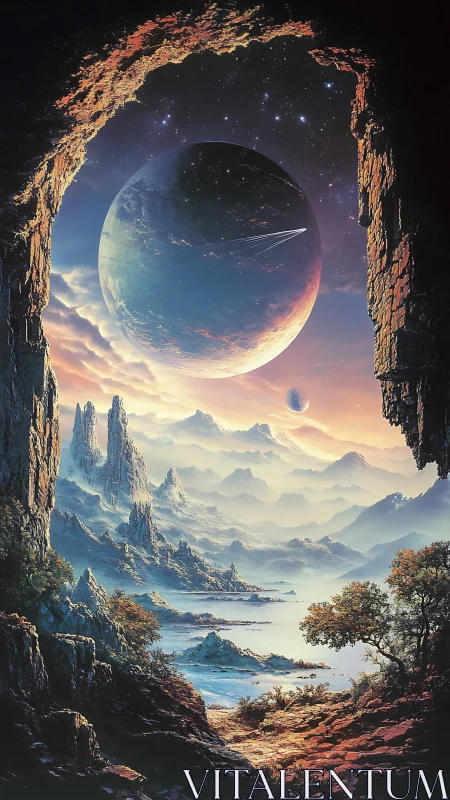 Misty alien valley opens toward a glowing twin-moon sky