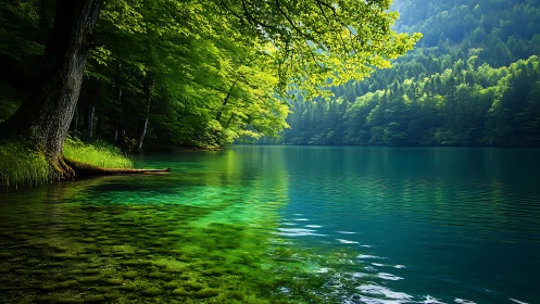 Emerald forest lake dreaming in glassy sunlit stillness.