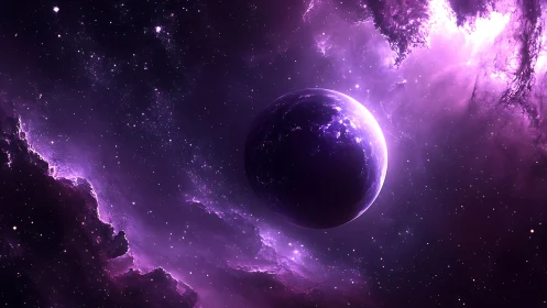 Purple planet in glowing nebula and star filled deep space.