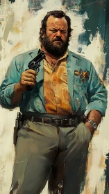 Weathered detective grips revolver in bold oil drama.