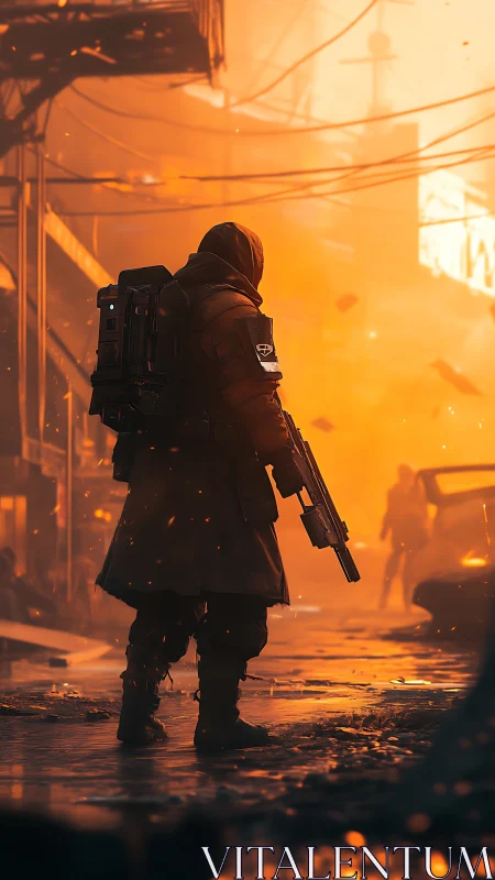 Lone wanderer walks through a glowing post apocalyptic street.