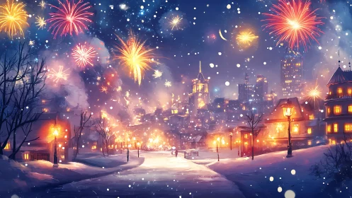 Snowy boulevard listens as fireworks rewrite the winter sky