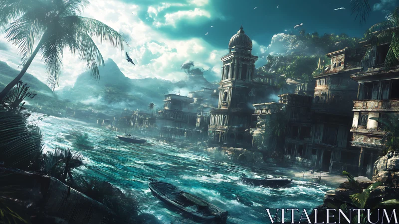 Storm-lashed tropical ruins with looming coastal citadel.