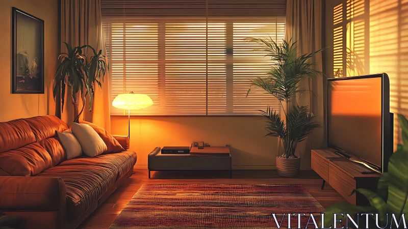 Sunlit retro living room glows with warm, cozy ambiance.