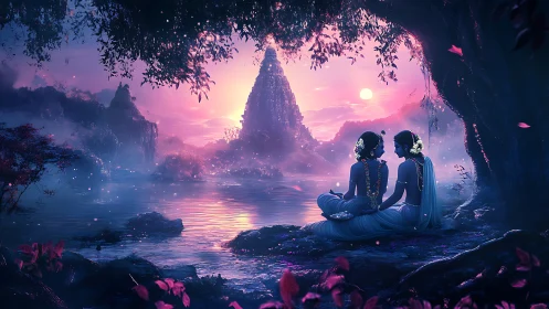 Two figures meditate before monumental spires in bioluminescent cavern.