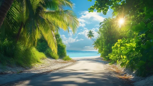 Tropical Coastal Corridor with Volumetric Light Through Palm Fronds