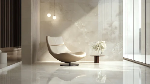 Minimalist lounge chair in sunlit marble interior. Period.