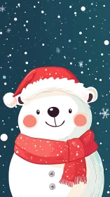 Illustrated bear snowman wears red hat and scarf in snowfall