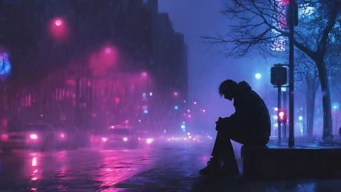 Solitary figure on rainy neon city street at night scene.