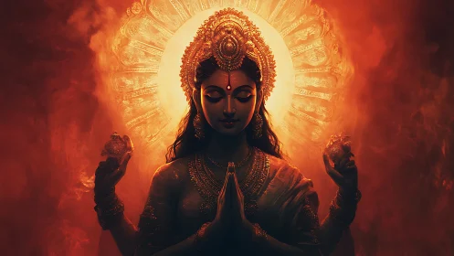 Divine multi-armed deity rendered in high-contrast radiant halo lighting