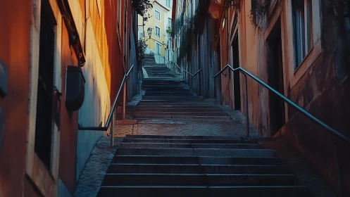 Narrow urban stairway between tall buildings at dusk.