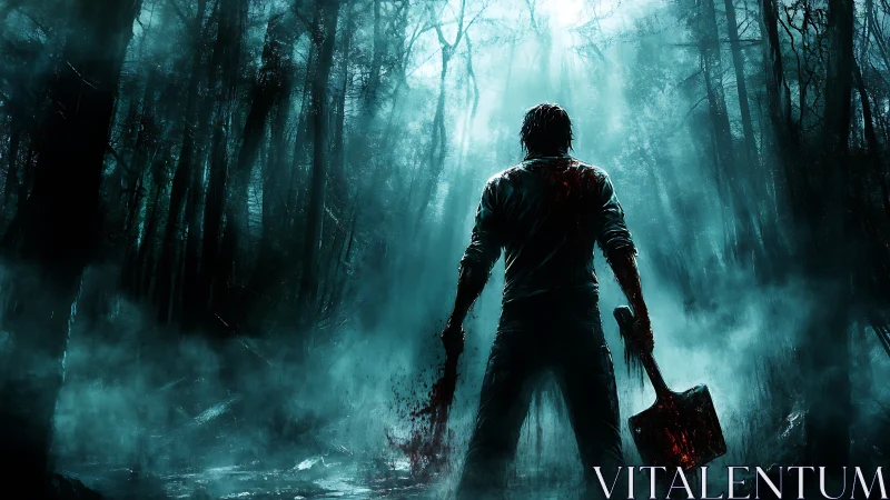 Silhouetted man with bloody shovel stands in foggy forest