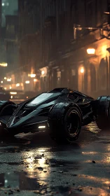 Midnight stealth racer idles in rain slick neon city streets.