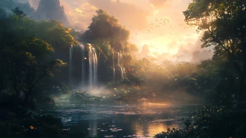 Sunlit cascade dreaming over a misty enchanted valley.