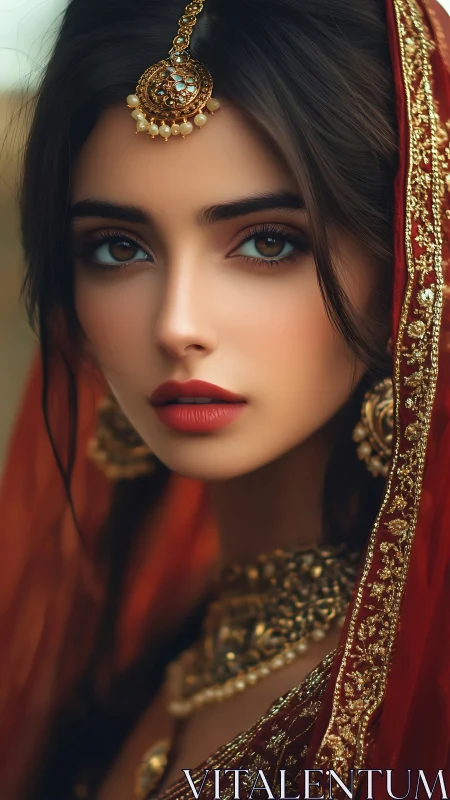 Bridal portrait captures ornate gold jewelry and red veil