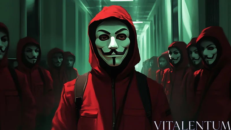 Masked figure in red hoodie leading anonymous hallway group.