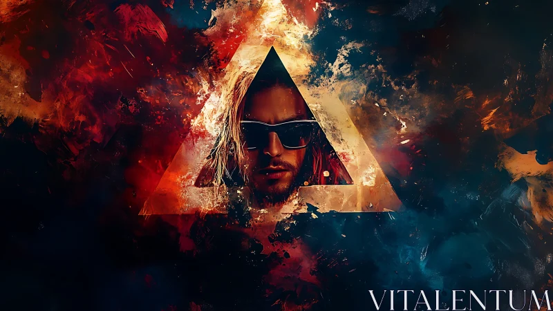 Triangular blaze portrait ignites a neon-tinted rebel gaze.
