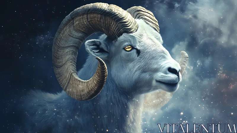 Golden-eyed celestial ram gazes calmly through starlit sky