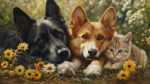 Woodland Triad: Black Dog, Russet Corgi, and Tabby Cat in Daisy Dreams.