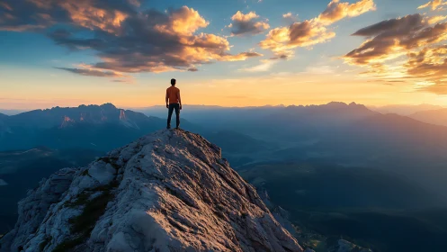 Solitary hiker on sunlit mountain ridge at golden hour panorama.