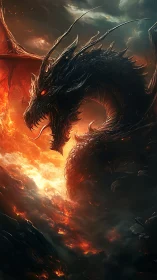 Dark scaled dragon above fiery clouds in dramatic sky.