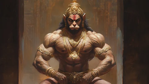 Muscular mythic warrior with gold ornaments in hall.