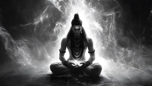 Monochrome meditating figure with stylized energy field.