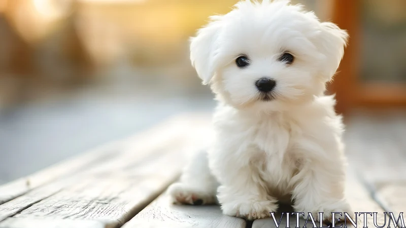Fluffy white puppy soaking up sunshine on a wooden deck.