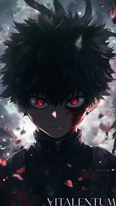 Dark-haired anime antihero with glowing red demon eyes.