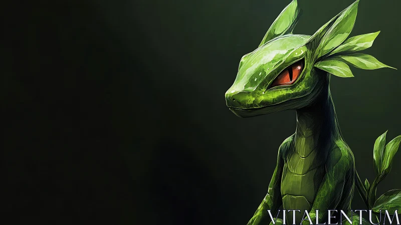 Leafy dragon creature with glowing red eyes on dark green